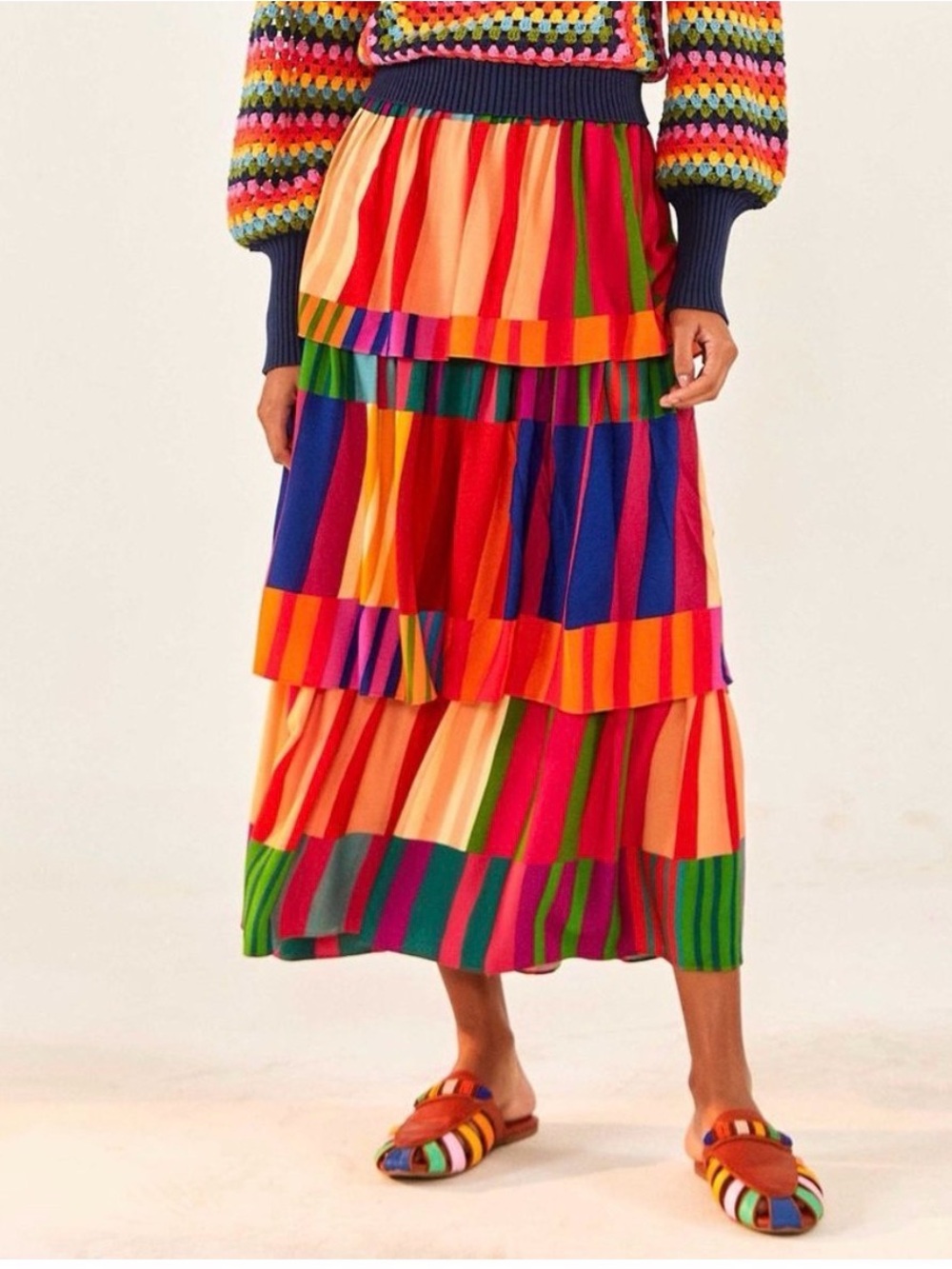 FARM Rio Sunset Stripes Tiered Layer Midi Skirt Size Large